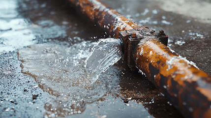 Water leaks from rusty pipe onto concrete surface causing pooling and potential damage
