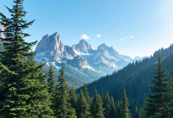 Obraz premium A scenic landscape of a mountainous forest with pine trees, under a clear blue sky