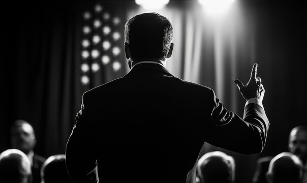 Silhouetted speaker addresses an audience, hand gesturing.
