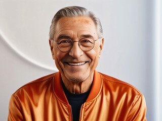 Obraz premium Portrait of a smiling senior man in orange jacket and glasses on white background