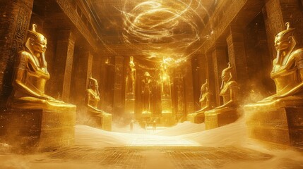 Golden Egyptian Temple with Statues and Sand