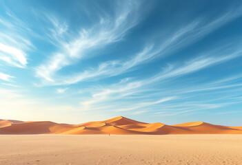 A vast desert landscape with towering orange sand dunes under a blue sky with wispy clouds. The dunes stretch out into the distance, creating a serene and dramatic scene