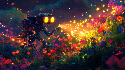 Fototapeta premium A robot walking through a magical garden, causing plants to bloom in response to its radiant light.