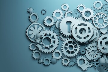 Intricate metal gears on blue surface