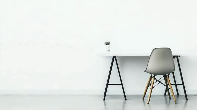 Minimalist home office setup with a grey chair, a white desk, and a small plant.