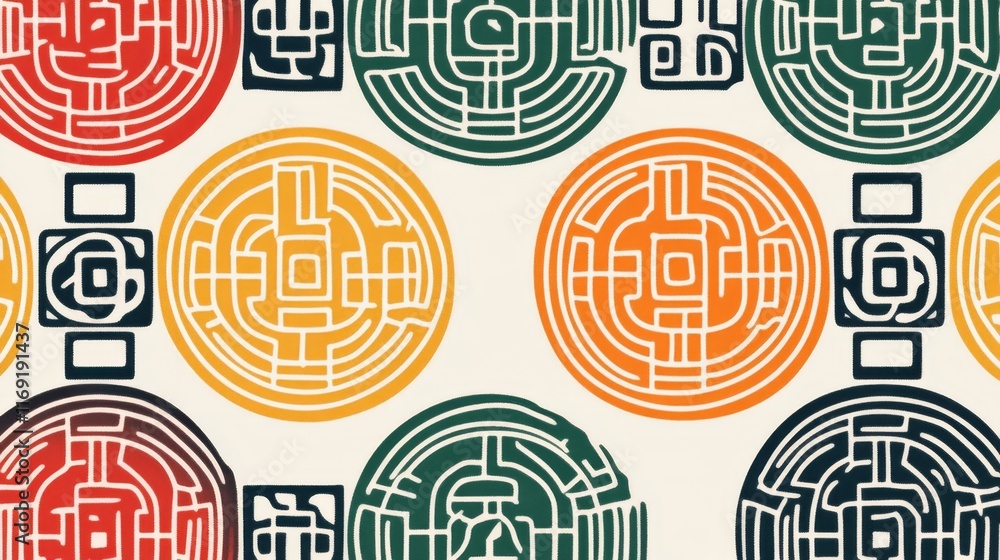 Poster a colorful pattern featuring intricate circular designs and labyrinth-like motifs.
