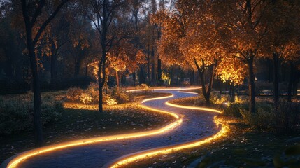 An autumn evening in Pavlovsky Park, Russia, featuring a winding path illuminated by warm golden hues from the surrounding trees