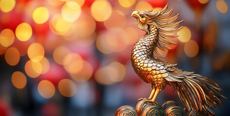 Obraz premium A majestic golden phoenix sculpture against a backdrop of vibrant bokeh lights, symbolizing rebirth and prosperity.