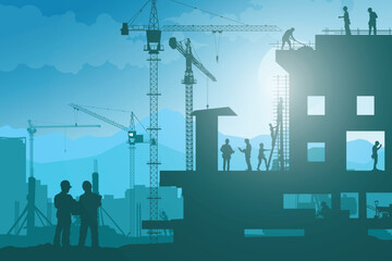 Construction vector background, Worker in a building site, Labour day background.	