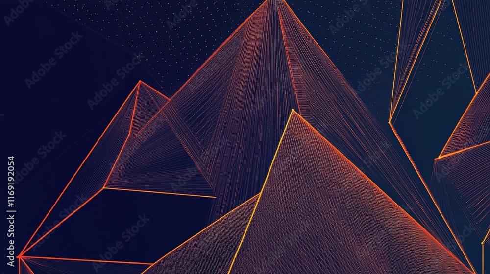 Poster abstract geometric design featuring pyramids with glowing lines on a dark background.