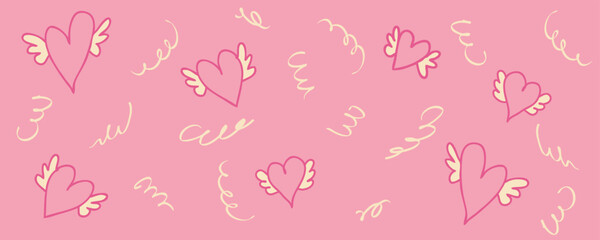 Valentine's Day horizontal banner template with flying hearts and serpentine. Festive celebration design for card, invitation, label, sale. Hand drawn vector illustration.