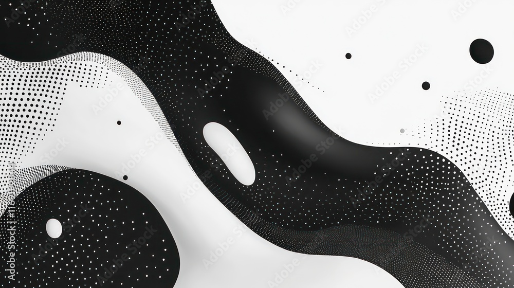 Poster abstract banner featuring a fluid, liquid shape in a classic black and white theme, intertwined with