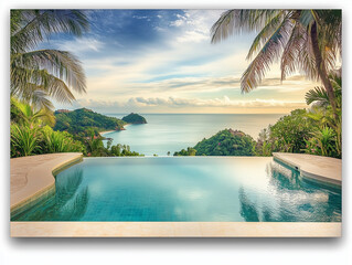 Plakat outdoor pool terrace of luxurious villa offers a breathtaking panoramic view of lush tropical landscape, with vibrant colors of sunrise casting a golden glow over tranqui