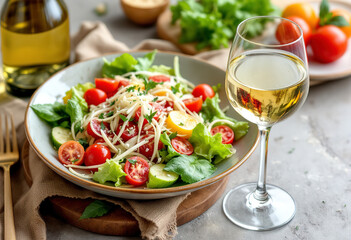 Caesar salad served with white wine on glass isolated on white background