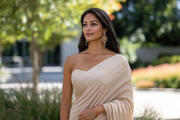 An elegant woman adorned in a beige saree stands gracefully, highlighting traditional beauty against a backdrop of blooming nature, embodying femininity and poise.