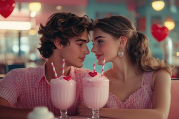 Couple enjoying a romantic milkshake date in a colorful diner