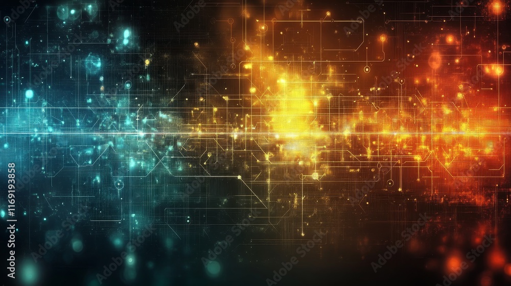 Poster abstract digital background with vibrant blue and orange lights and circuit-like patterns.