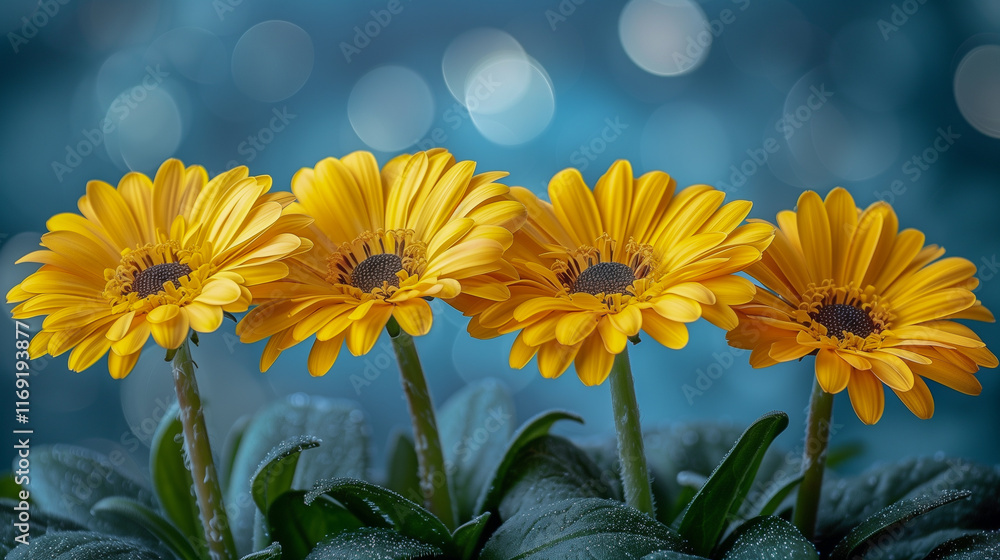 Poster bright yellow gerbera daisies with dew and soft bokeh..
