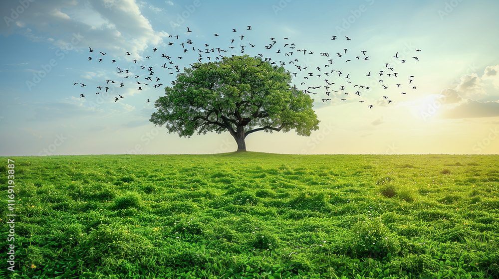 Poster lone tree on green meadow with birds in flight..