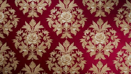 Fototapeta premium Detailed, richly decorated fabric pattern in a classic and elegant style, with a smooth texture, from a repeating pattern of floral motifs, in a golden yellow shade. The background is bright red