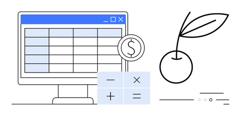 Computer screen displaying spreadsheet, dollar sign coin, calculator symbols, and cherry with leaf. Ideal for finance, budgeting, accounting, business planning, office work, economic analysis