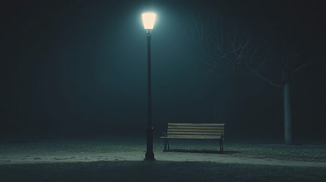 Lonely bench under a streetlight in a quiet park during a foggy night