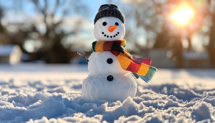 Obraz premium A cheerful snowman wearing a colorful scarf and hat stands on fresh snow, with sunlight shining in the background.