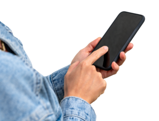 Isolated closeup screen of black smartphone in woman's hands in denim jacket.