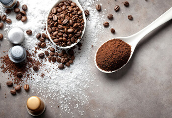 Food background with ground coffee in white spoons, coffee beans and capsules, sugar. Copy space, top view.