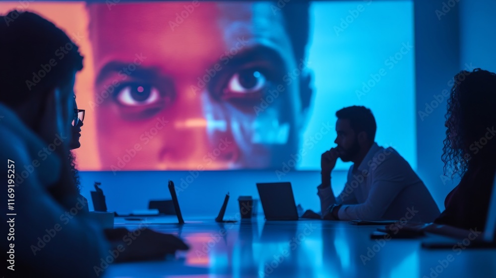 Poster creative business team attending a virtual meeting on a video call in a modern conference room setti