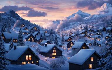 A serene winter landscape featuring cozy cottages illuminated at dusk, surrounded by snow-covered trees and mountains.