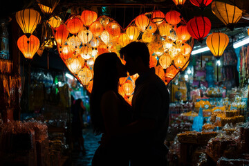 Naklejka premium Couple kissing against a heart of lanterns in a vibrant night market.