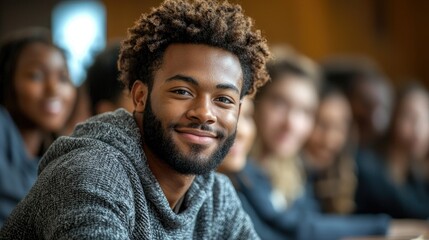 Smiling young African-American man in a college classroom, with blurred classmates in the background.