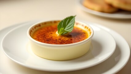 An elegant serving of French cr&egrave;me br&ucirc;l&eacute;e with a caramelized sugar crust and fresh mint