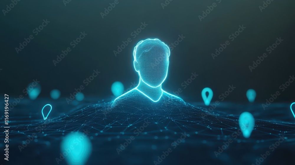 Poster man immersed in a network of glowing blue lights, visual representation of digital connection and te