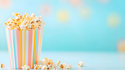A pastel-striped popcorn box overflowing with freshly popped corn against a vibrant blue background with copy space, perfect for cinema promotions or snack-themed designs. Selective focus