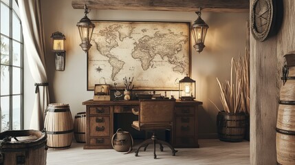 Antique Explorers Study With World Map And Wooden Furnishings