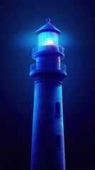 Illuminated lighthouse towering over a dramatic coastal landscape at night with its bright beam of light reflecting on the dark stormy sea and sky