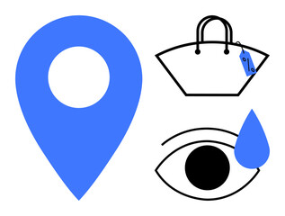 Blue location marker, shopping bag with tag, eye with tear combine to convey themes of navigation, shopping, and emotions. Ideal for retail, e-commerce, mapping, wellbeing emotional health