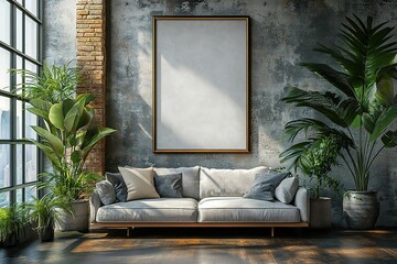 Modern living room with plants and a large frame