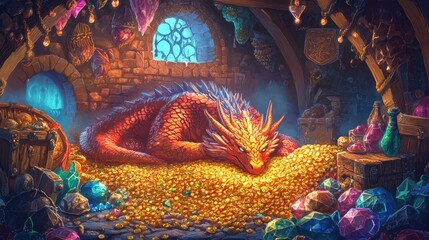 Dragon Sleeping on a Pile of Gold and Gems