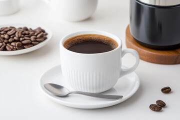Enjoying a Morning Coffee Break at a Cozy Table With Roasted Beans and Serene Ambiance