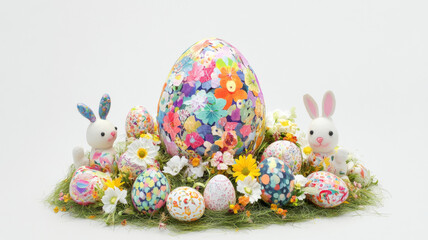 A top-down view of a vibrant display of children&rsquo;s Easter crafts on a white background.