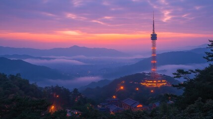 Illuminated tower on misty mountain at sunset.