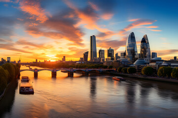 Stunning Sunset Panorama Over the Great Britain City Skyline with Reflecting Water Body