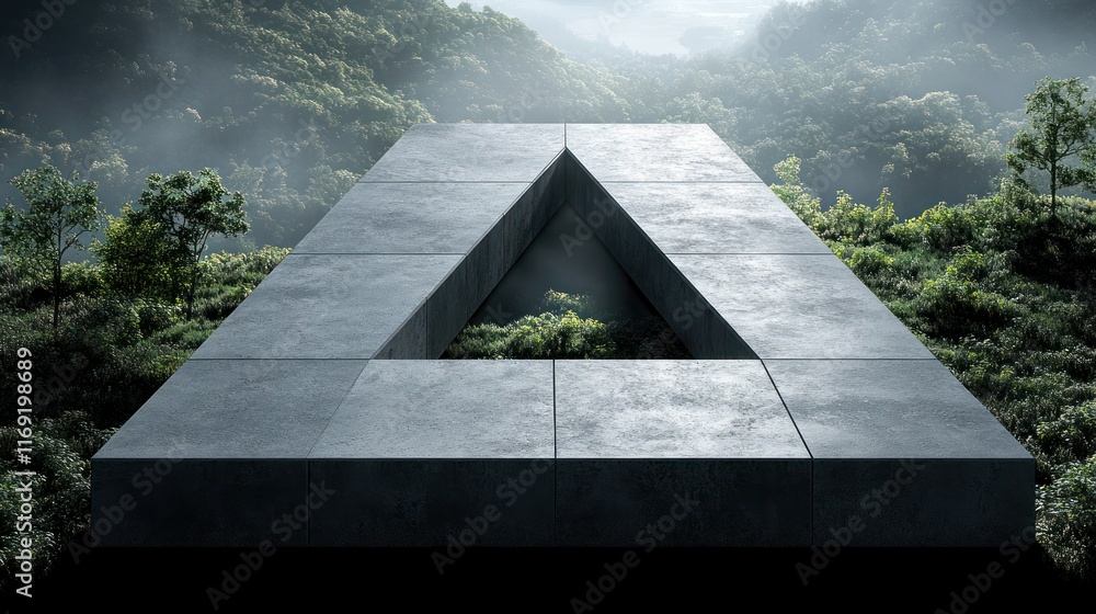 Poster a triangular concrete structure in a lush landscape.