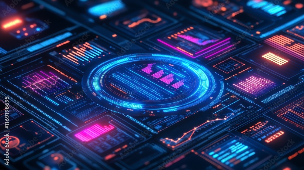Poster futuristic technology interface data analytics digital dashboard neon graphics glowing hud sci fi