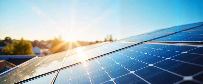 Solar panels reflecting morning light on suburban rooftop, clean energy