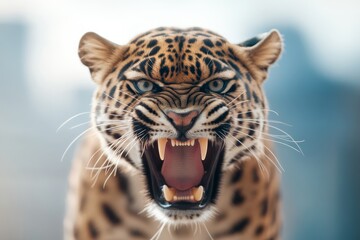 Obraz premium Fierce leopard displays razor-sharp teeth while roaring in a wild urban setting during daylight hours