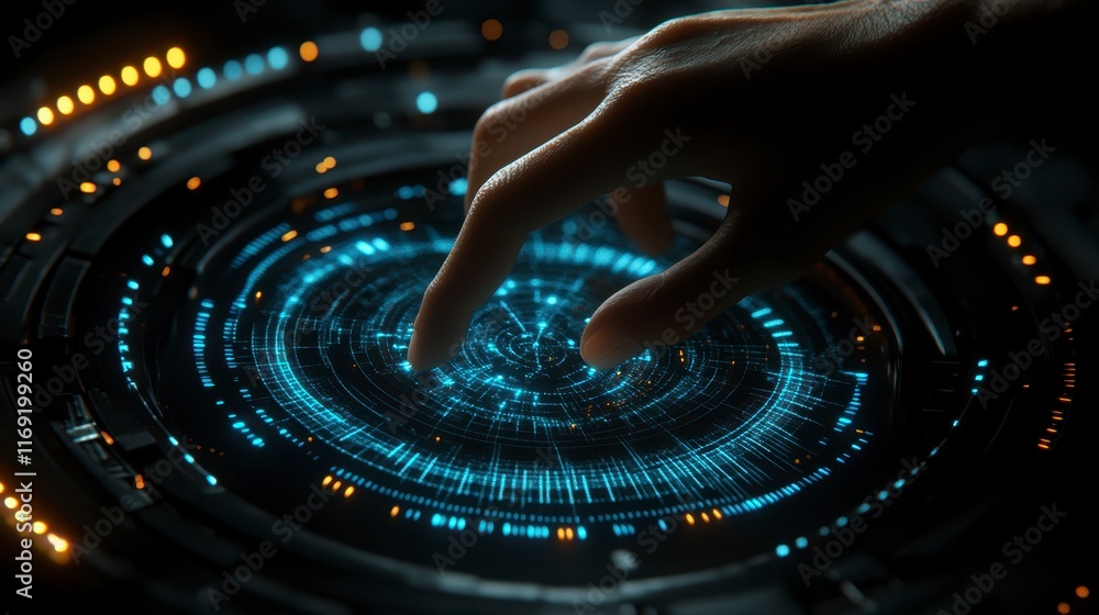 Poster futuristic interface hand interacting with holographic circular display